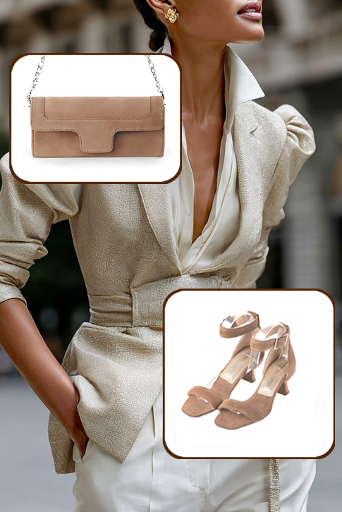 Dress sandals ankle strap in biscuit beige leather with medium spool heels and square toe - Top view